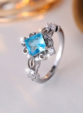 新款跨境时尚通勤钯白K正方形海蓝微镶白钻戒子