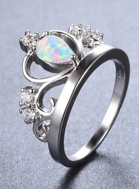 新款跨境时尚S925白色澳宝皇冠戒指女式气质百搭指环