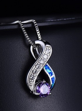 新款欧美网红简约ins女士吊坠白金澳宝圆形水蓝色钻项链