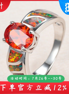 新款跨境亚马逊简约S925红色澳宝石榴红椭圆钻戒指女式百搭指环