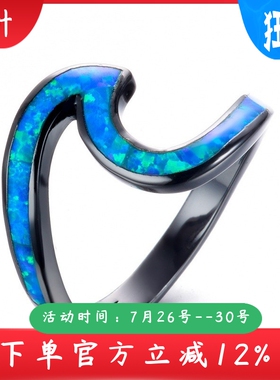 新款欧美镶钻时尚跨境黑金蛋白石蓝色澳宝2字形戒指指环首饰