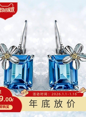 新款尔韵饰品亚马逊水蓝色长方形锆石微镶镀白金耳环女士花朵耳扣