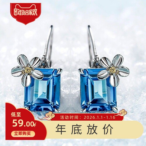 新款尔韵饰品亚马逊水蓝色长方形锆石微镶镀白金耳环女士花朵耳扣