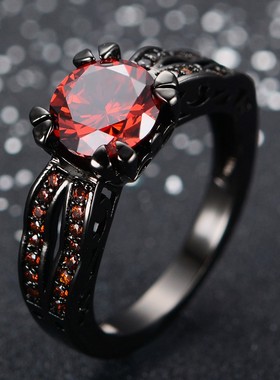 新款戒指锆石复古黑金石榴红圆钻戒子指环手饰品女士