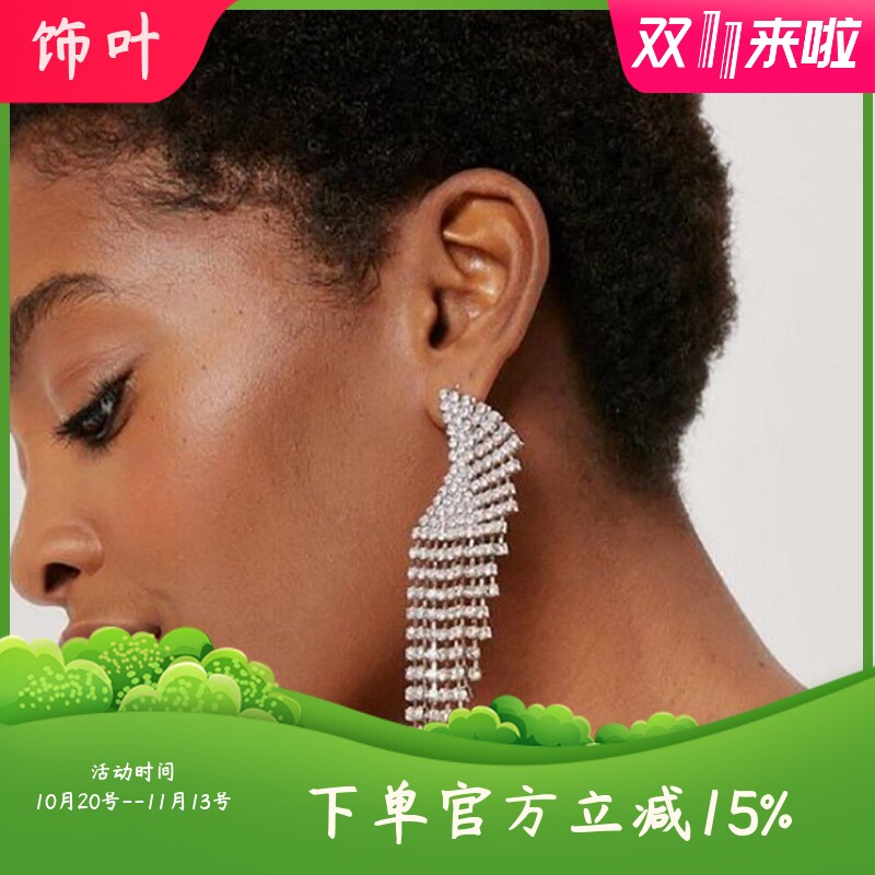 新款欧美重工轻奢风气质满钻天使翅膀耳环长款流苏耳坠潮流耳饰女
