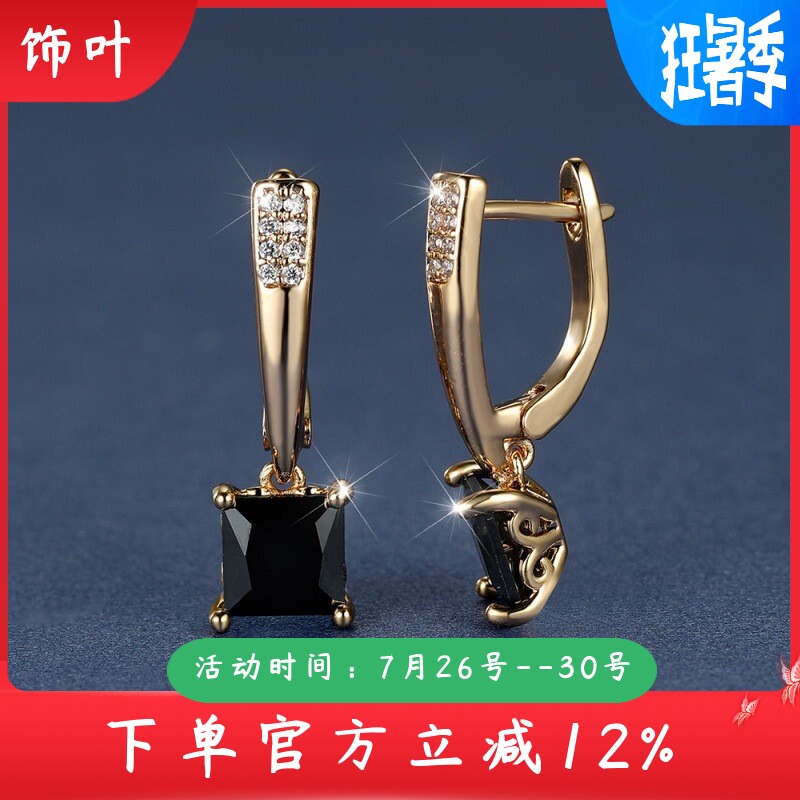 新款跨境爆款香槟金几何正方形黑钻耳扣高级复古轻奢耳环个性饰品