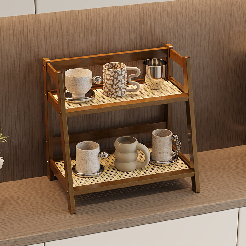 复古咖啡机旁置物架子桌面收纳杯架双层加厚楠竹小型迷你2025新款