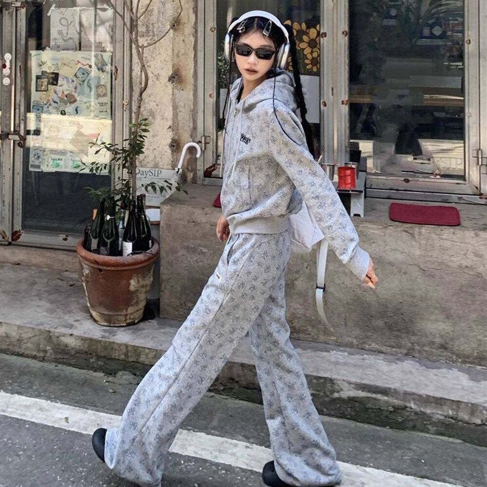 复古小碎花连帽卫衣短款上衣长裤套装