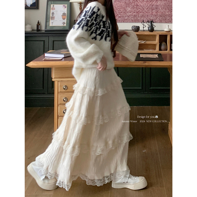 实拍丝绒半身裙女温柔芭蕾风仙女蛋糕裙A字蕾丝拼接长裙蓬蓬裙冬