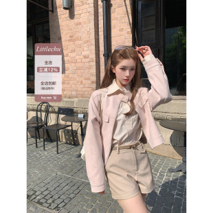 上衣 韩系宽松休闲短款 加厚原版 无简复古圆领麂皮夹克外套女秋季