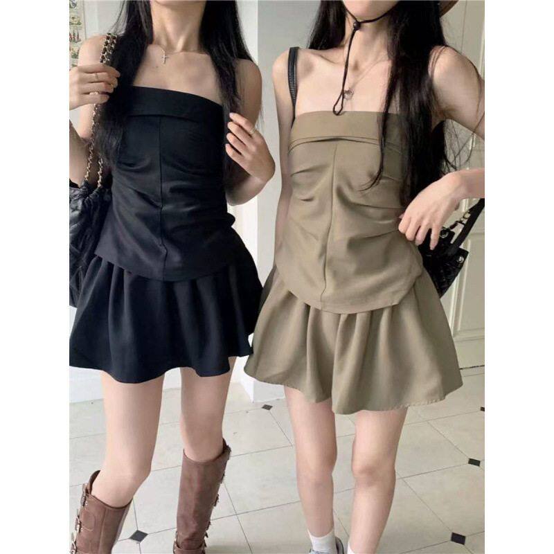 甜酷辣妹外穿一字肩抹胸上衣高腰半身短裙女夏季2025新款时尚套装