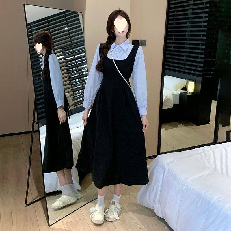 长袖拼接假两件法式连衣裙秋季新款收腰显瘦高级长裙子女