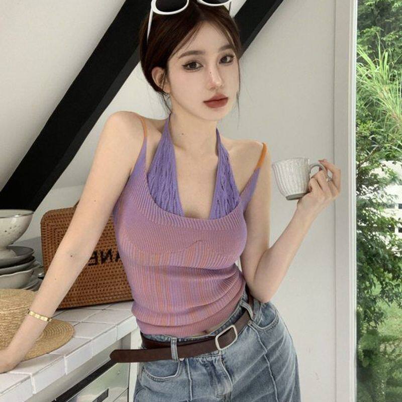 设计感假两件拼接挂脖吊带背心女外穿夏季小众别致修身上衣潮