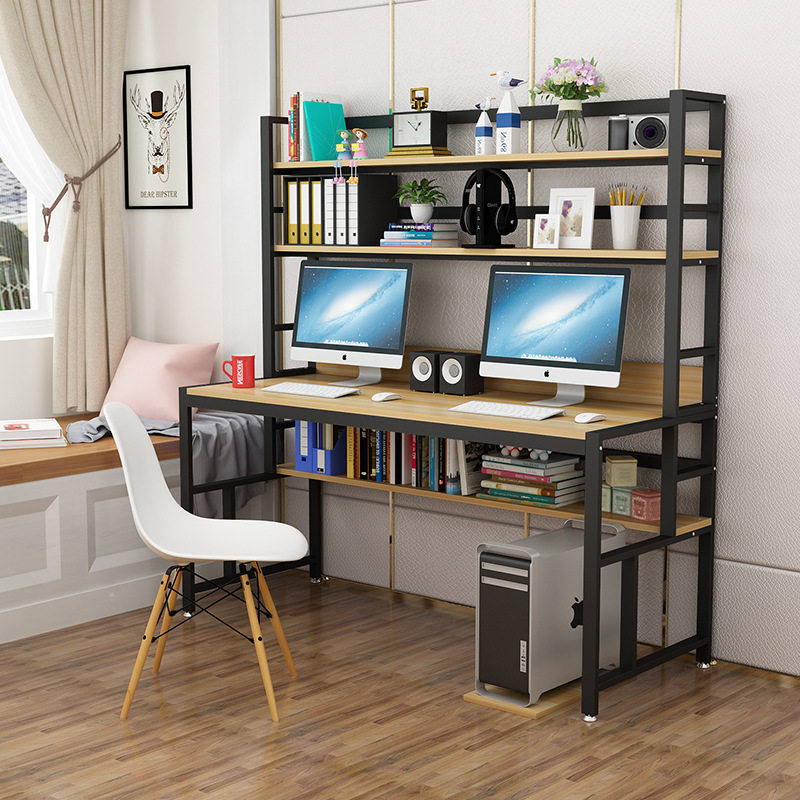 简约现代钢木电脑桌台式家用书桌带书架双人组合学生儿童写字台