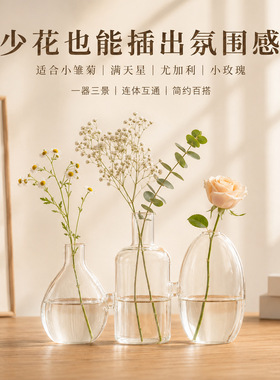 ins风简约创意三连体透明玻璃花瓶家居水培花器摆件