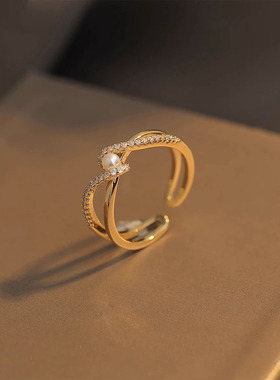 独特交叉仿珍珠戒指女小众设计