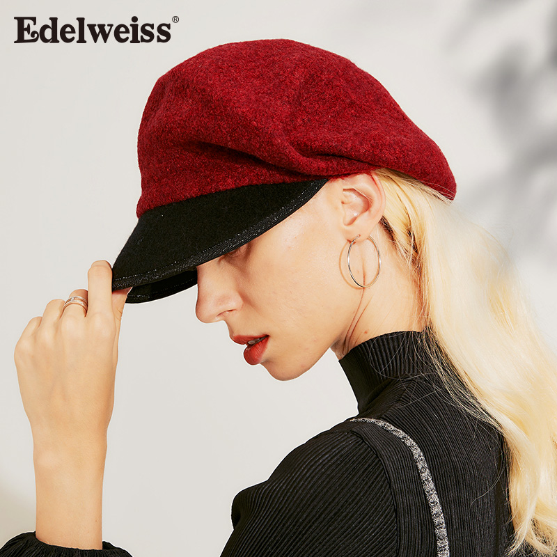 秋冬新款羊毛鸭舌帽优雅雪绒花