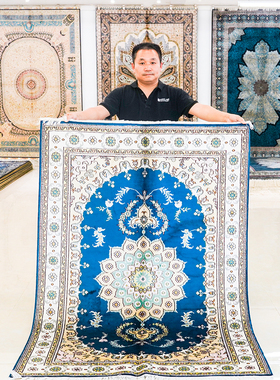 天匠120x180cm手工真丝波斯地毯蓝色地毯伊朗手织蚕丝地毯客厅