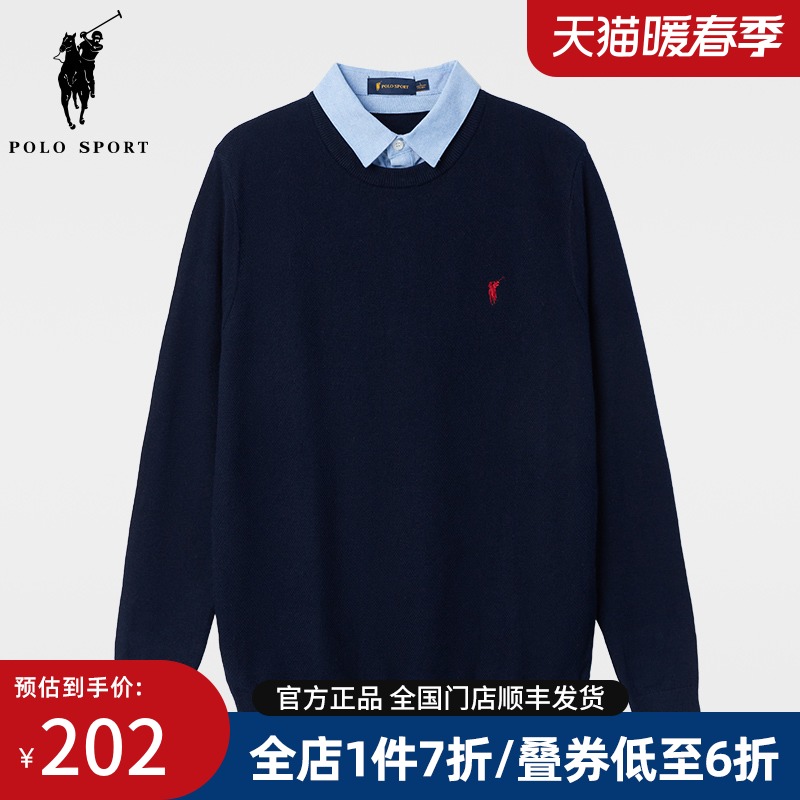 Polo Sport男装 假两件针织衫2021秋冬新款打底毛衣保罗加厚衬衫