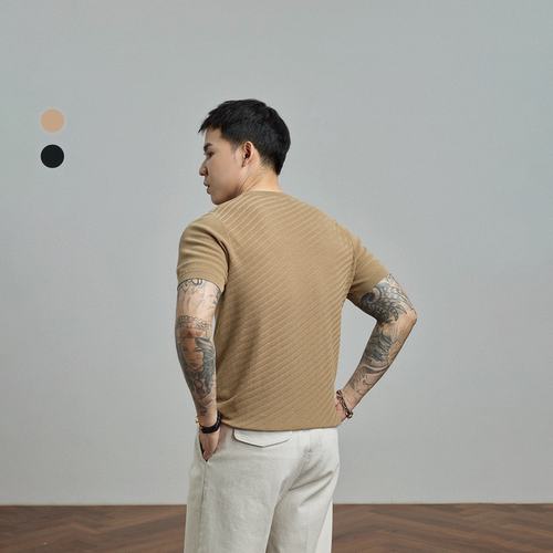 2色天丝棉麻T恤背花横机针织