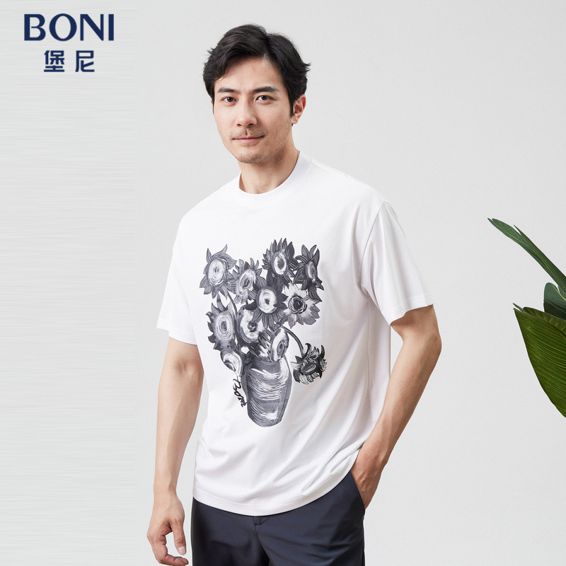 BONI/堡尼2023春夏新品白色圆领休闲印花棉混纺短袖T恤LP211B82H