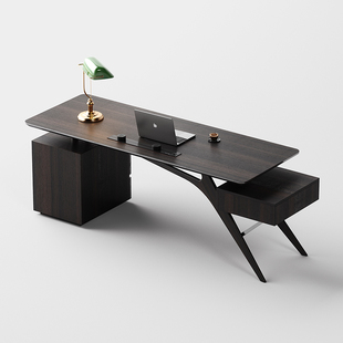 中古风实木书桌家用别墅办公桌烟熏色书房电脑桌高级感老板桌