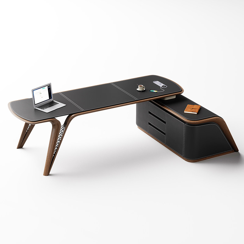 高端轻奢马鞍皮书桌高级感实木办公桌别墅书房老板桌总裁电脑桌