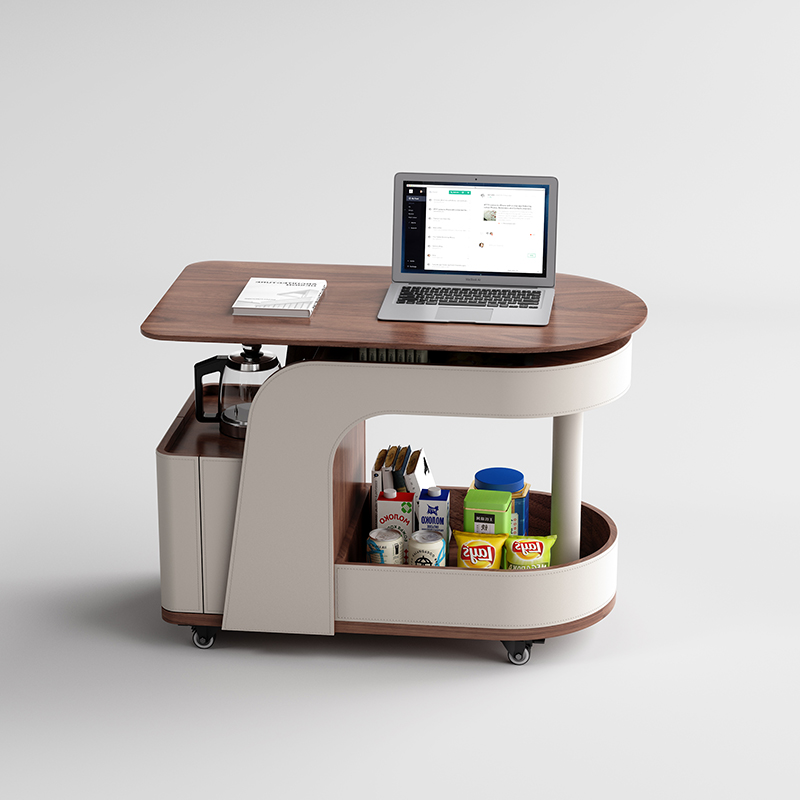 可移动实木阳台茶水小推车客厅家用升降茶几轻奢马鞍皮沙发边几