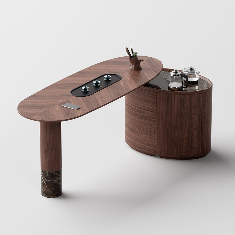 中古风实木茶桌椭圆形大理石功夫泡茶台客厅胡桃色泡茶桌椅组合