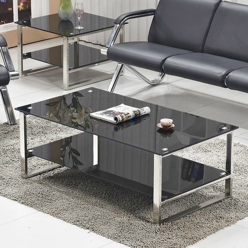 简约钢化玻璃茶几黑色茶桌1.2米茶几两层办公茶几不锈钢脚架家具