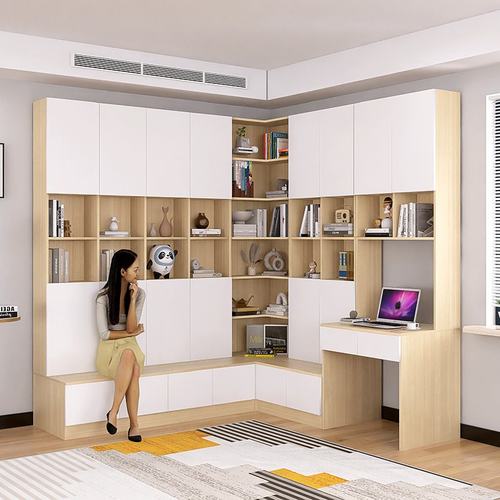 现代满墙书柜卡座一体转角组合家用落地靠墙多格开放式书架带书桌