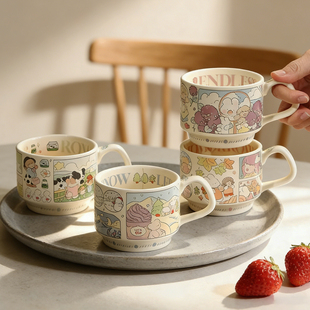 OPT陶瓷杯子早餐杯喝水咖啡马克杯家用可爱牛奶杯水杯带盖