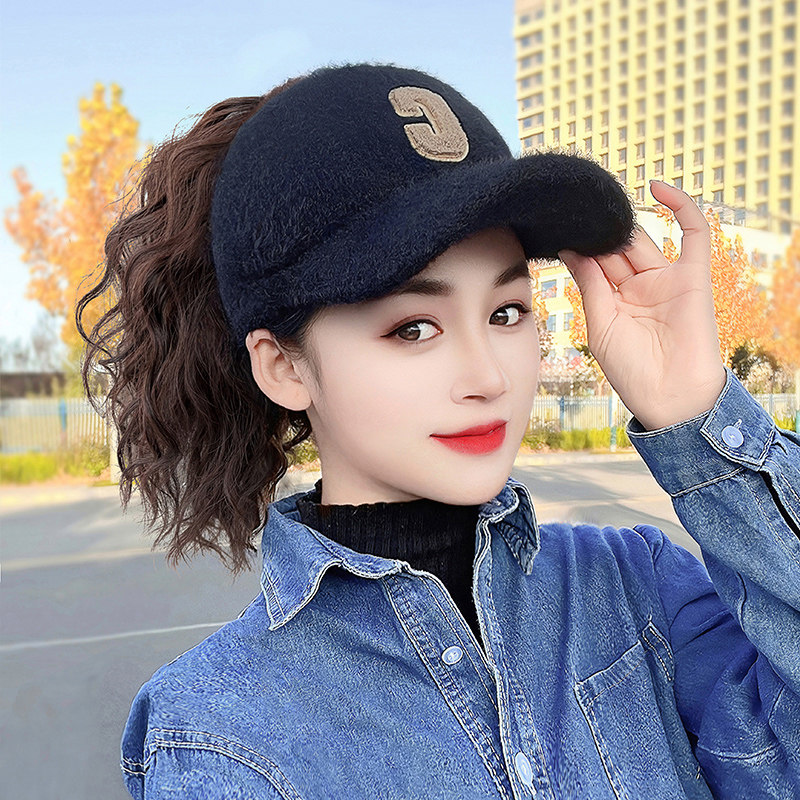 帽子假发女毛绒绒空顶鸭舌棒球帽高马尾秋冬时尚带假发一体马尾帽