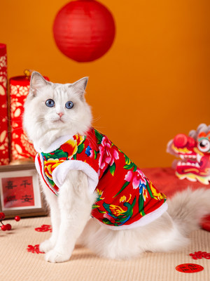 猫咪衣服秋冬季东北大花袄冬装保暖宠物蓝猫布偶小猫狗狗新年马甲