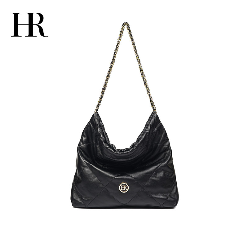 hr赫莲娜女士包包秋冬新款黑色菱格链条托特包时尚质感单肩腋下包