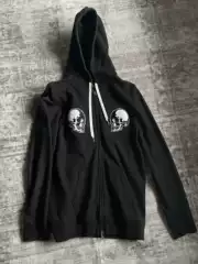 Independent Numbernine Black Double Skull Embroidered Hooded Cardigan Sports Jacket Sweatshirt Unisex Trendy