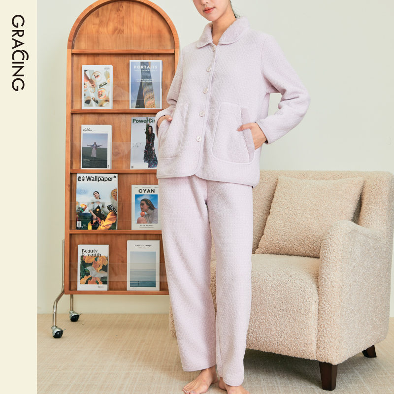 Gracing/歌瑞森睡衣女秋冬款加厚保暖翻领开襟可外穿居家服