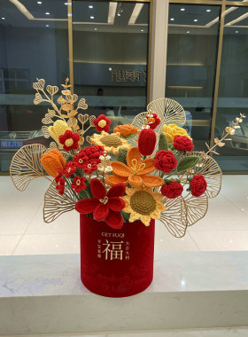 diy手工编织抱抱桶毛线花束钩针材料包成品冬青果银柳花新年礼物