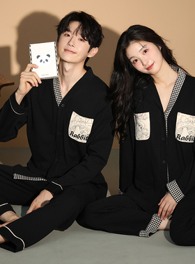 芬腾可安情侣睡衣秋冬纯棉黑色V领长袖套装男女卡通款家居服套装