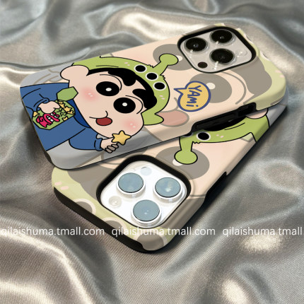 柒莱二合一菲林壳适用于苹果16promax手机壳新款iPhone15/14可爱绿色帽子小新13/12硬11男女xs保护套xr防摔78