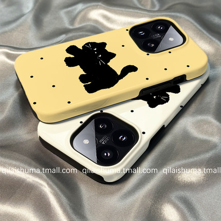 柒莱二合一菲林壳适用于小米17/15pro手机壳14新款13红米k80k70女60黄色波点小黑猫咪note14防摔12硅胶11软套