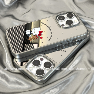 柒莱高级镜面壳适用于苹果17 iPhone17男女15网红黑白kt猫格纹14补妆镜13防摔12硅胶11套 16promax手机壳新款