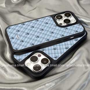 柒莱高级磨砂玻璃适用于苹果16promax手机壳新款iPhone17女15蓝色格纹ins蝴蝶结14硬13防摔12硅胶11保护套