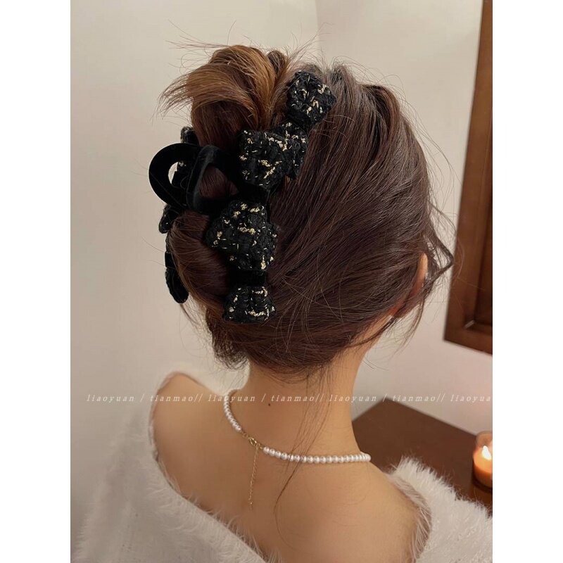 黑色大号缎面蝴蝶结高颅顶在逃公主头饰发夹女高级感马尾夹子顶夹