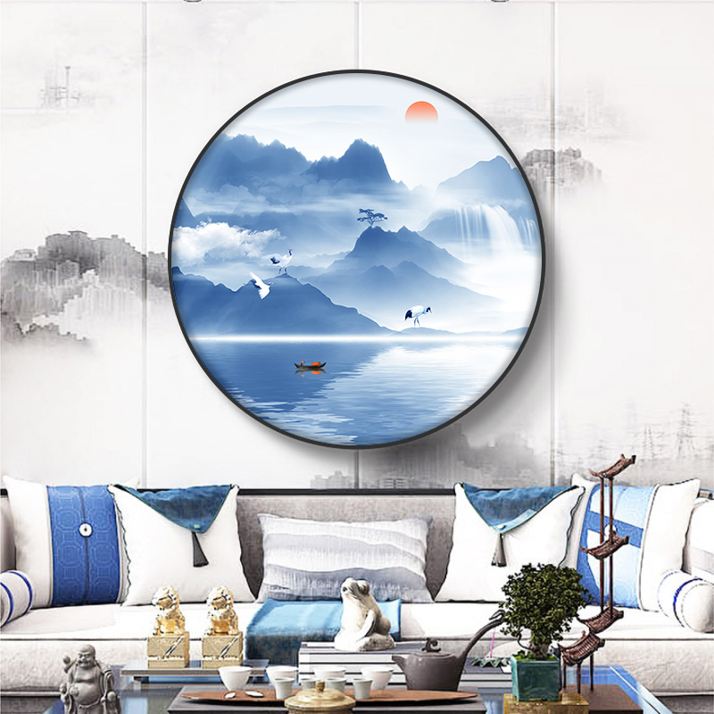 新中式圆形装饰画客厅沙发背景墙挂画入户玄关山水画走廊餐厅直销图片