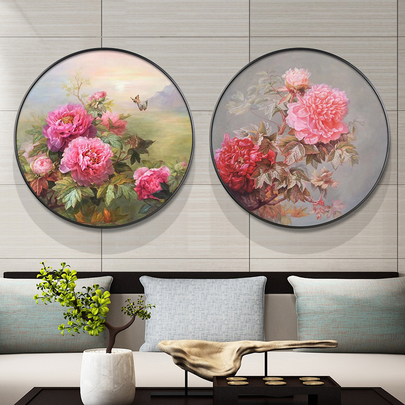 真手绘牡丹花卉油画新中式玄关圆形挂画卧室餐厅电箱装饰壁画直销图片