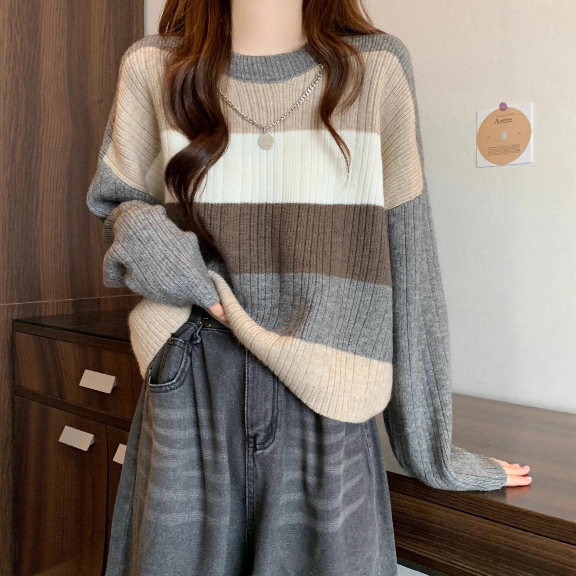 韩版慵懒风复古撞色条纹毛衣女套头秋冬新款软糯宽松短款针织外套