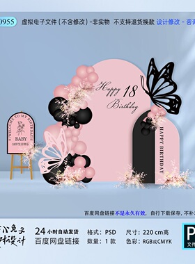 粉黑色蝴蝶成人礼十八岁女神宝宝宴生日派对背景布置KT板设计素材