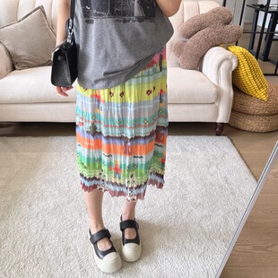 s法式 Shor 艺术气息 度假风夏日幻彩绚丽印花百褶半裙女 YYIN