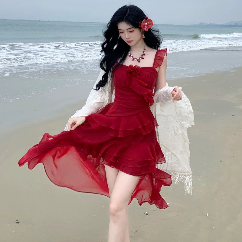 绝美惊艳朱砂痣度假裙子夏季重工荷叶边仙气女不规则红色连衣裙